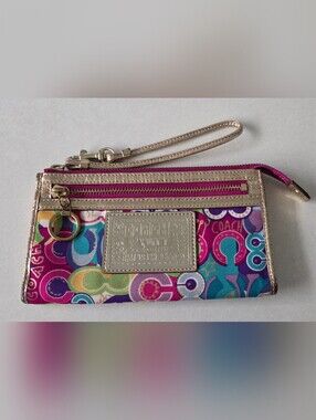 Coach Poppy Graffiti Wristlet Wallet with Pink and Teal Accents, Y2K Excellent